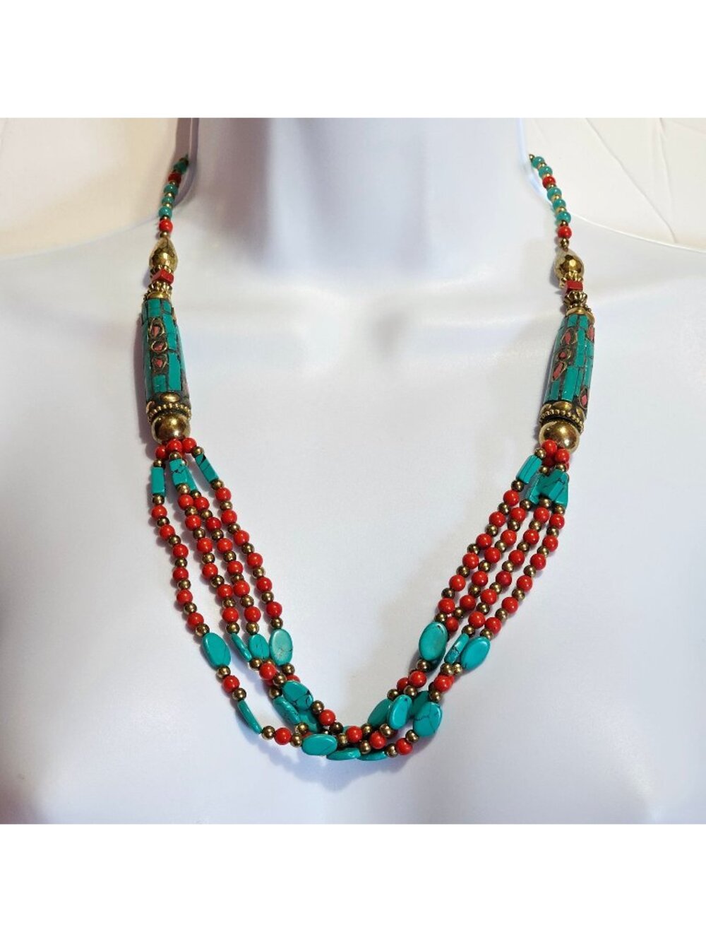 (283) Turquoise Coral Inlay Glass Beaded Tribal Ethnic Necklace Vintage Statemen